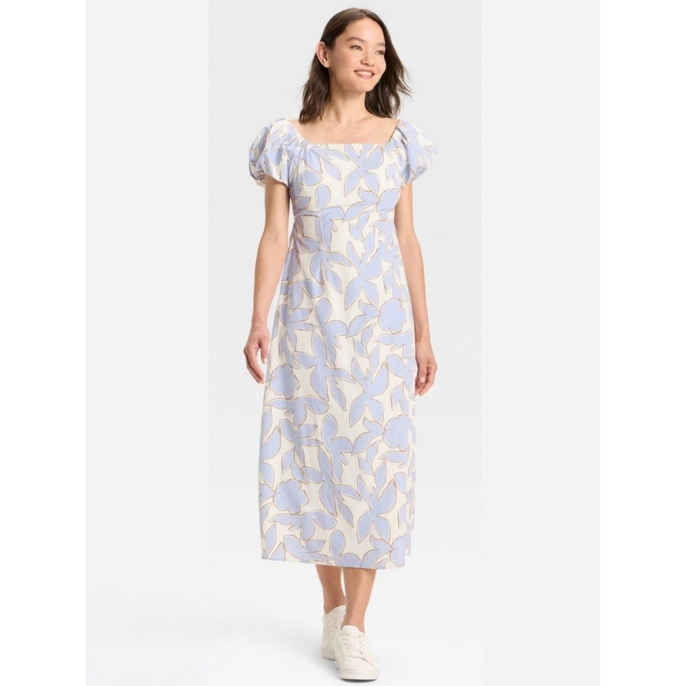A New Day Lavender Floral Puff Sleeve Midi Dress XXL NWT Square Neck Smocked